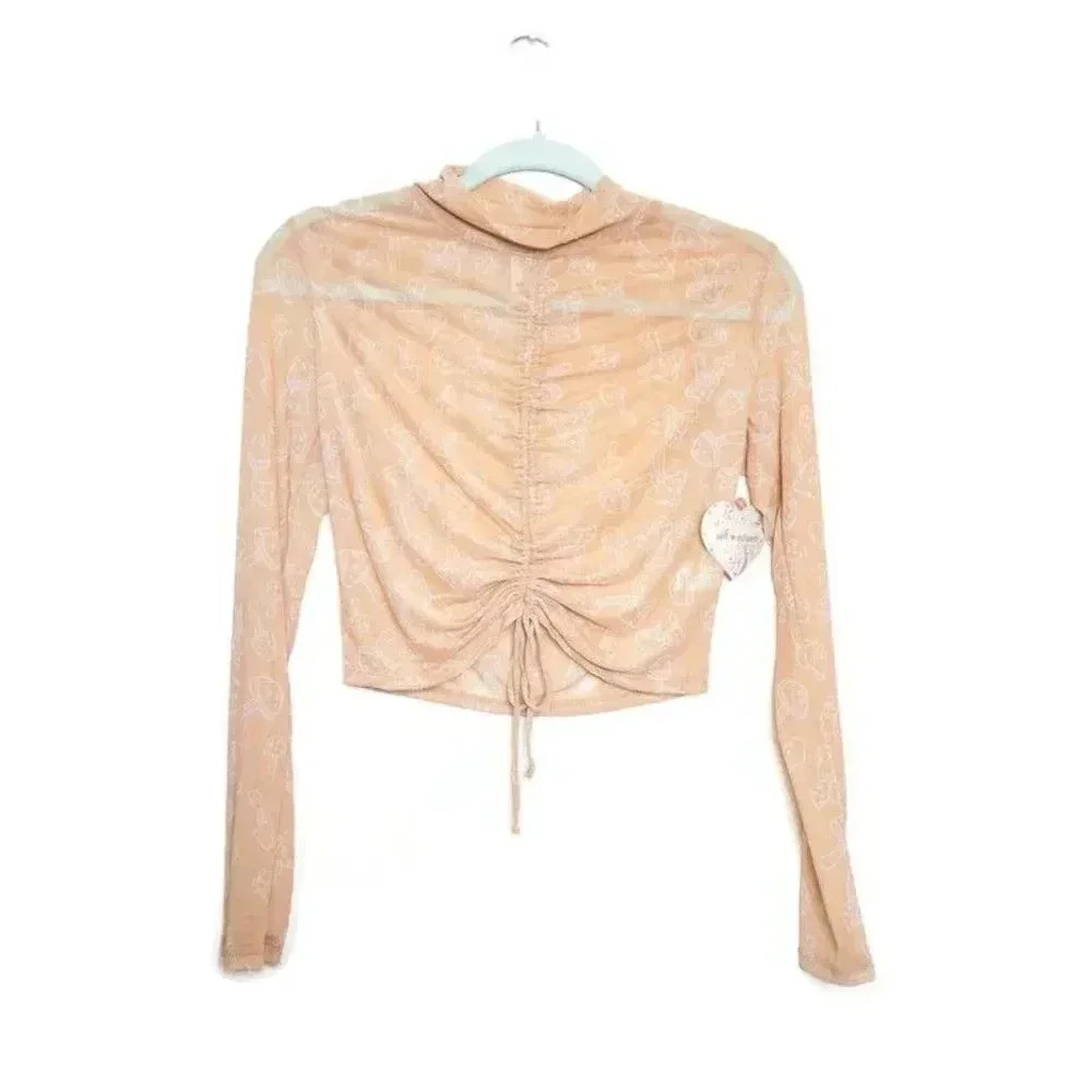 Self Esteem Womens Tan Sheer Mesh AOP Mushroom Novelty Print Top Sz M 90s